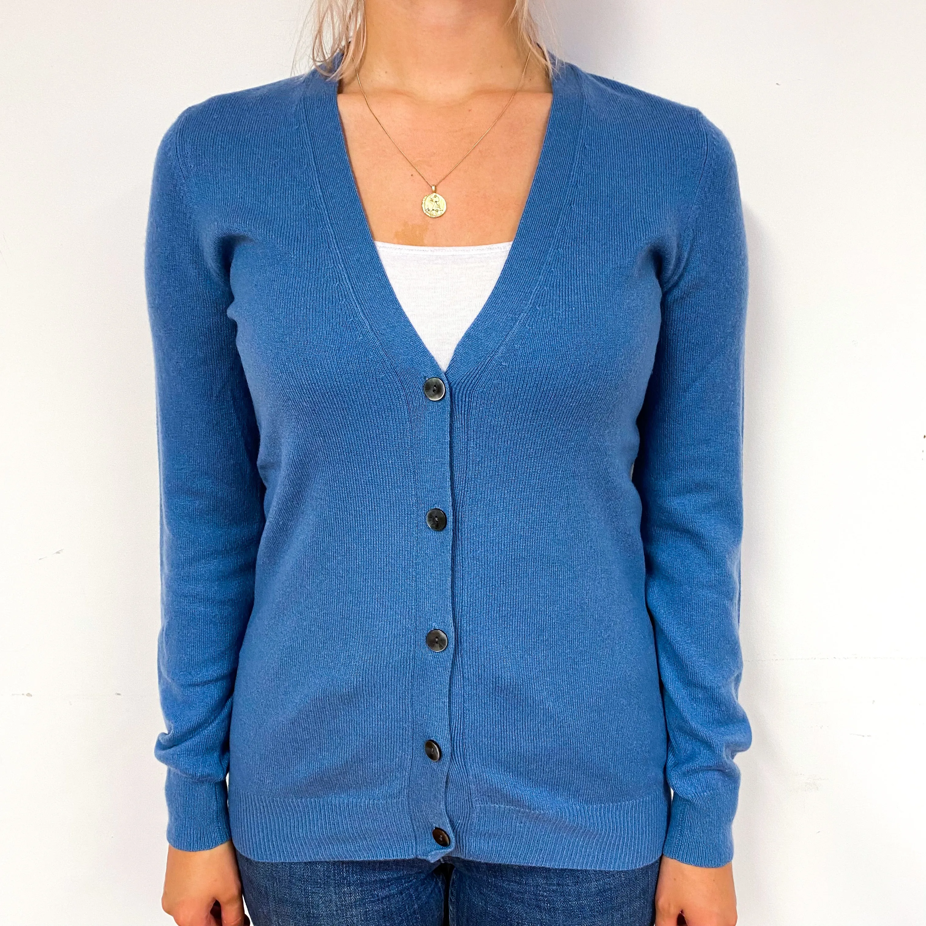 Deep Celadon Blue Cashmere V-Neck Cardigan Small