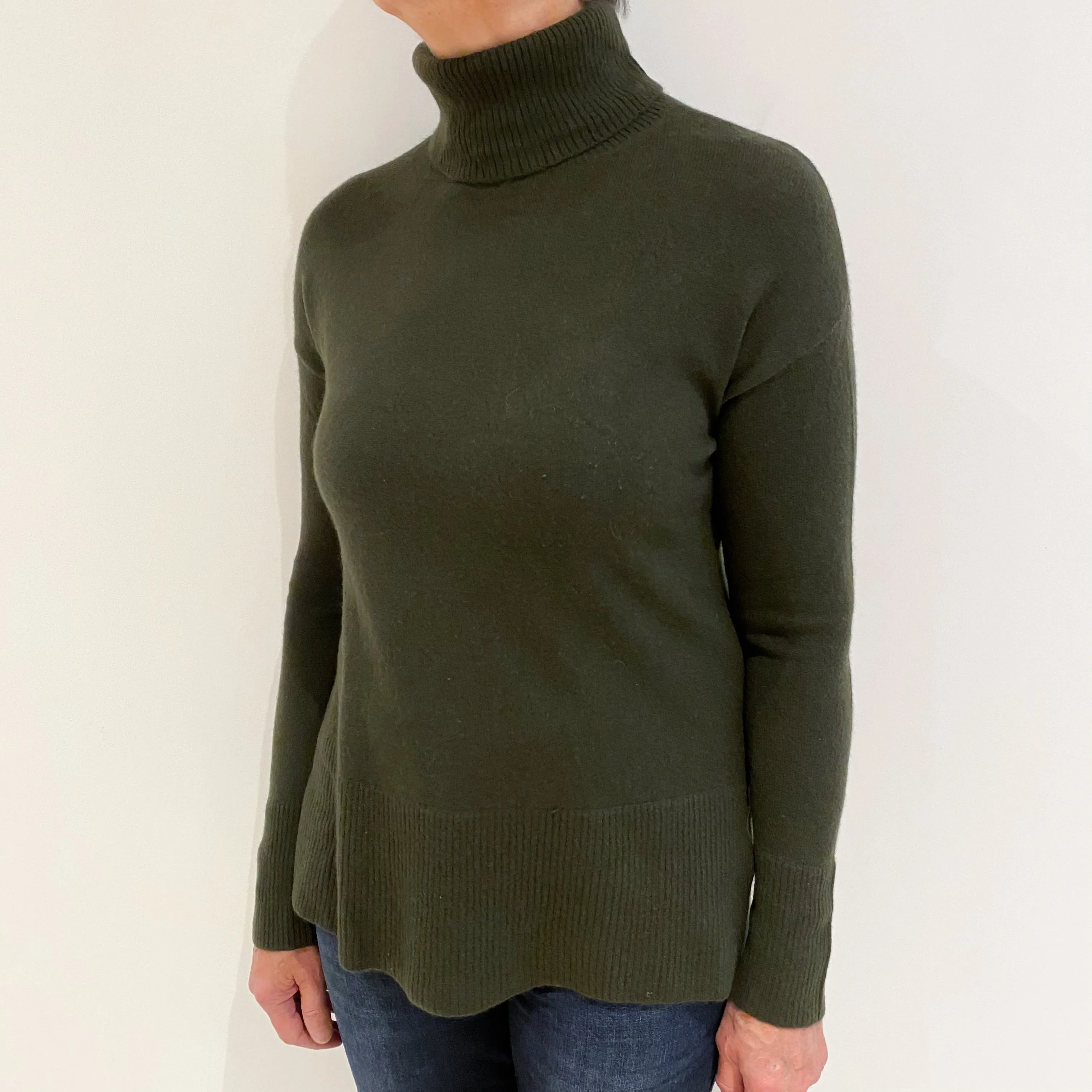 Deep Khaki Green Cashmere Polo Neck Tunic Jumper Medium