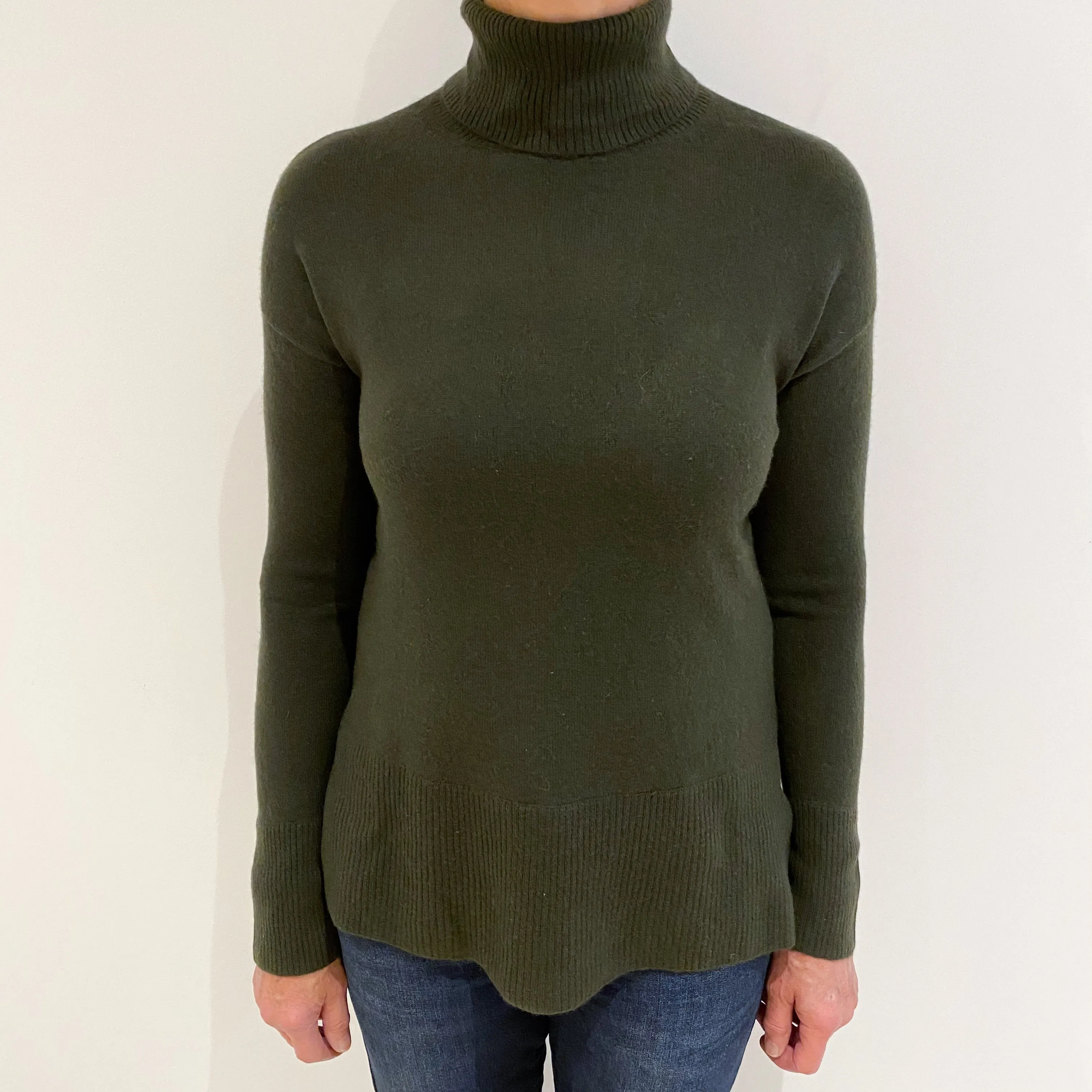 Deep Khaki Green Cashmere Polo Neck Tunic Jumper Medium