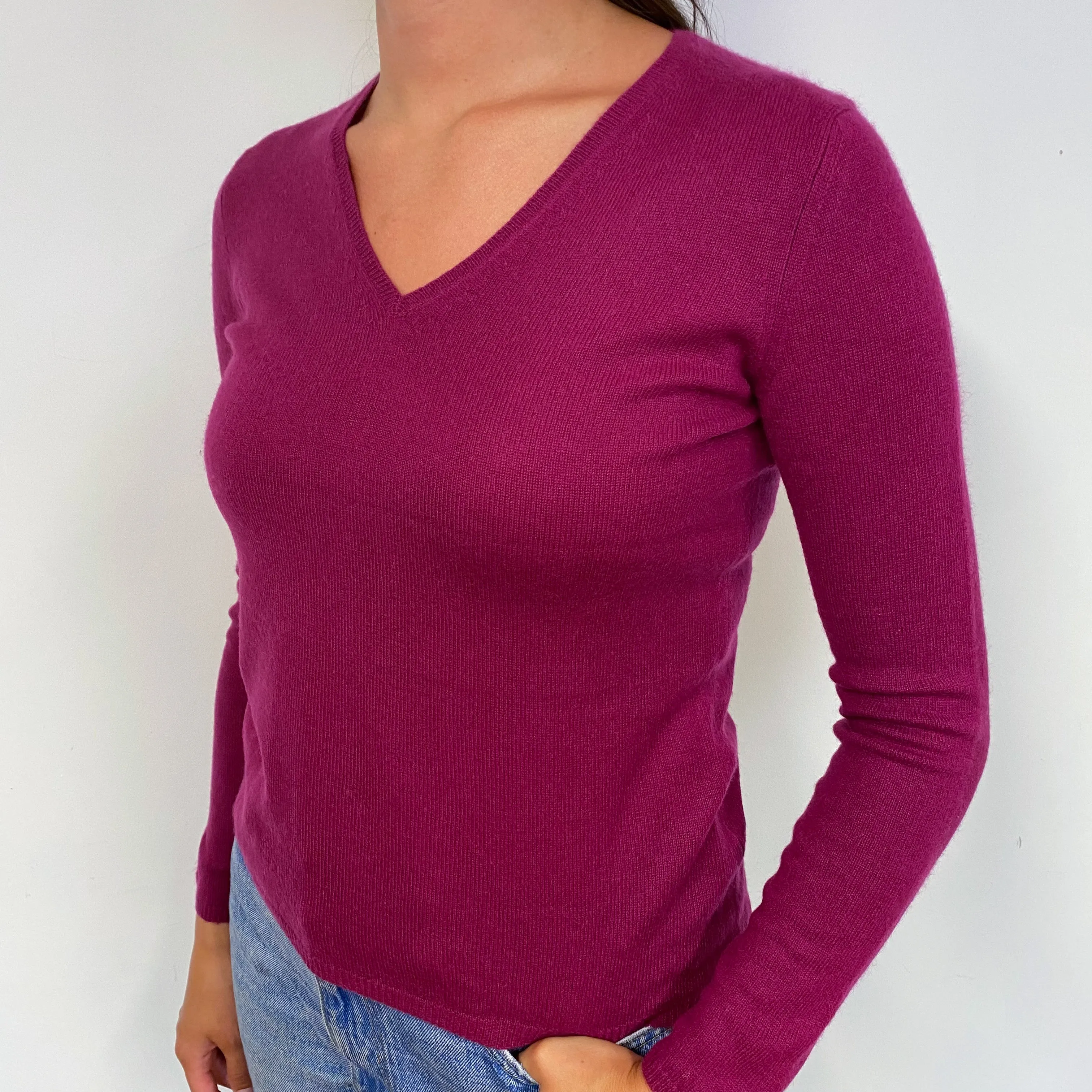 Deep Magenta Pink Cashmere V-Neck Jumper