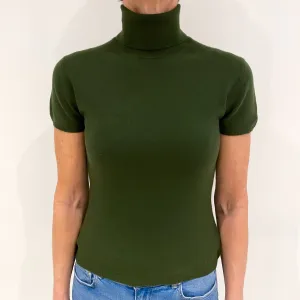 Deep Olive Green Cashmere Short Sleeved Polo Neck Jumper Small