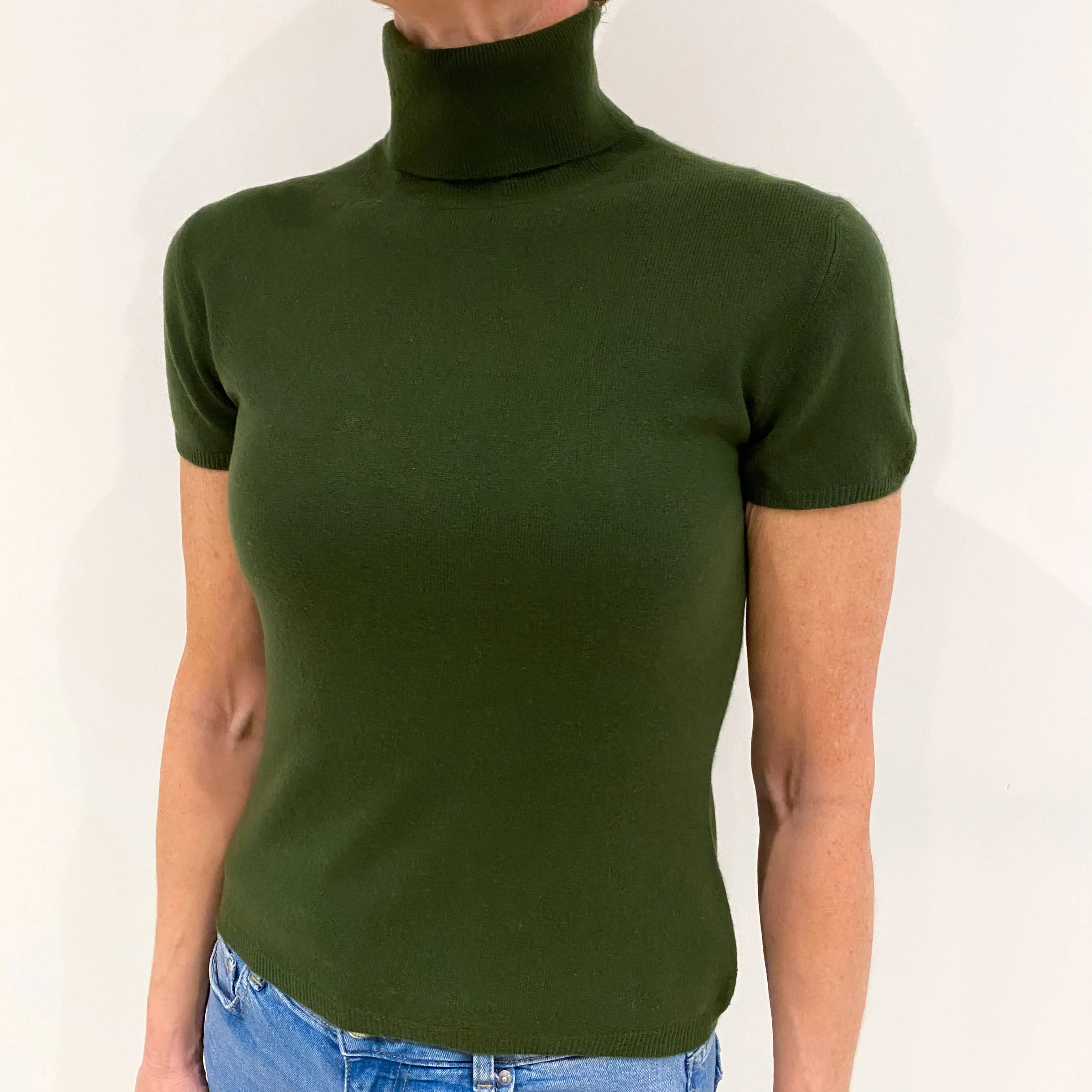 Deep Olive Green Cashmere Short Sleeved Polo Neck Jumper Small