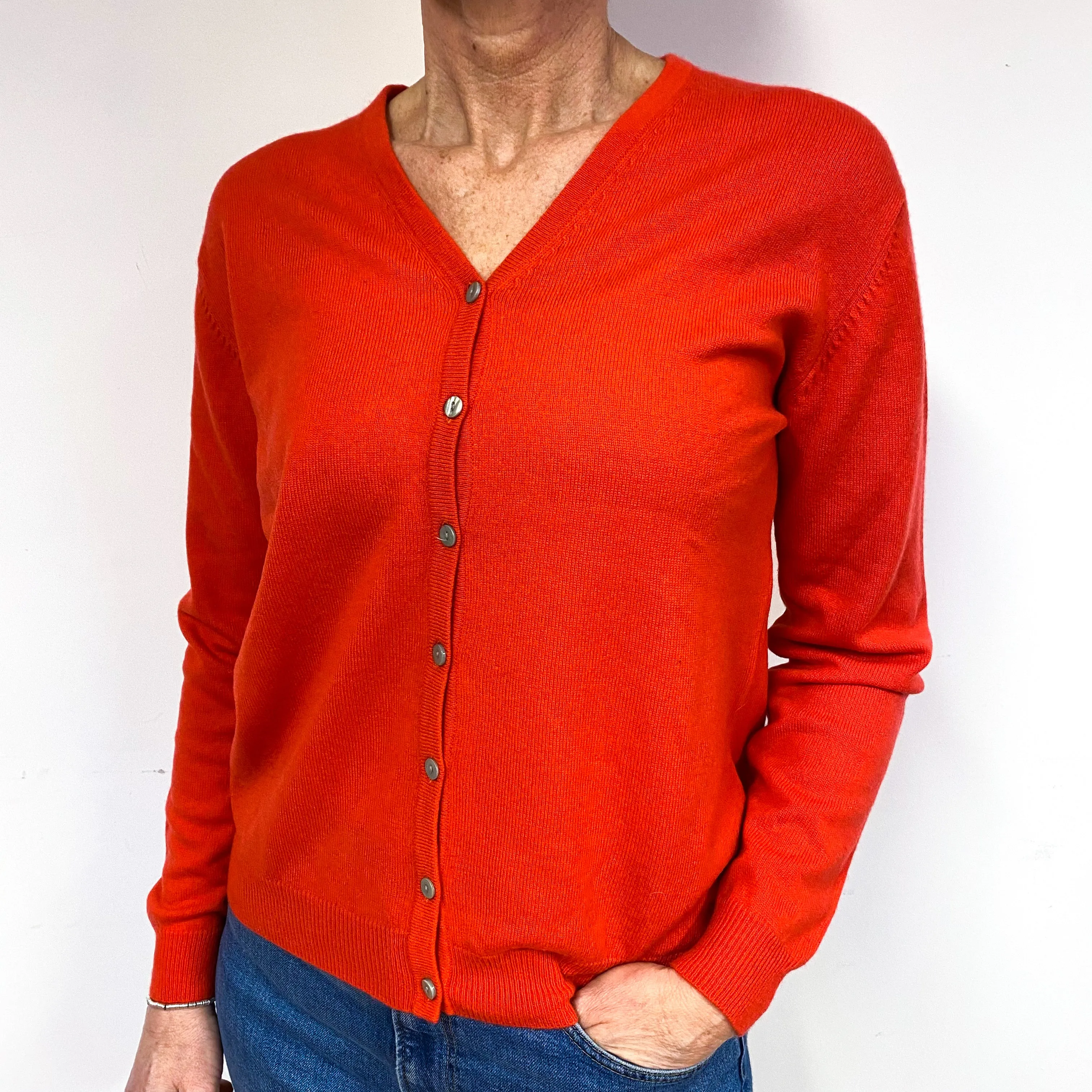 Deep Orange Cashmere V-Neck Cardigan Medium