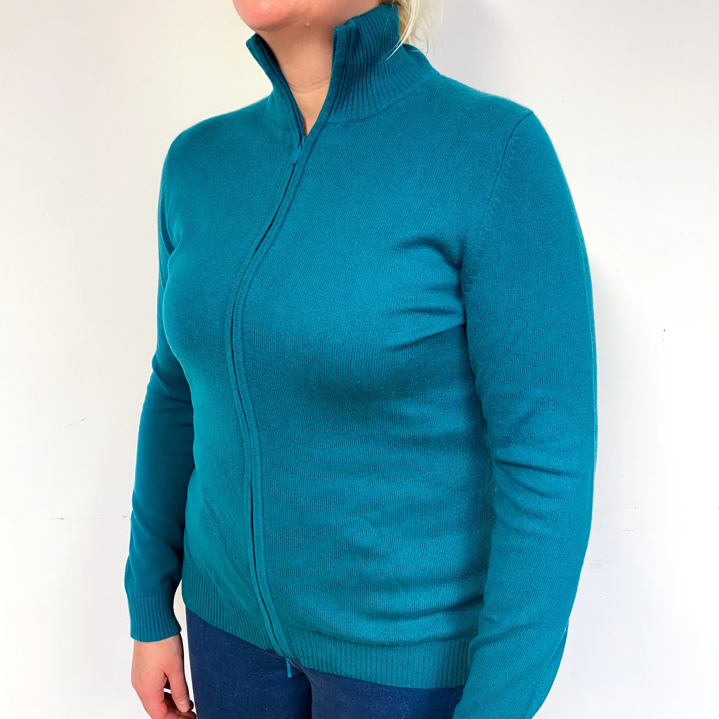 Deep Turquoise Green Cashmere Zip Front Cardigan Large