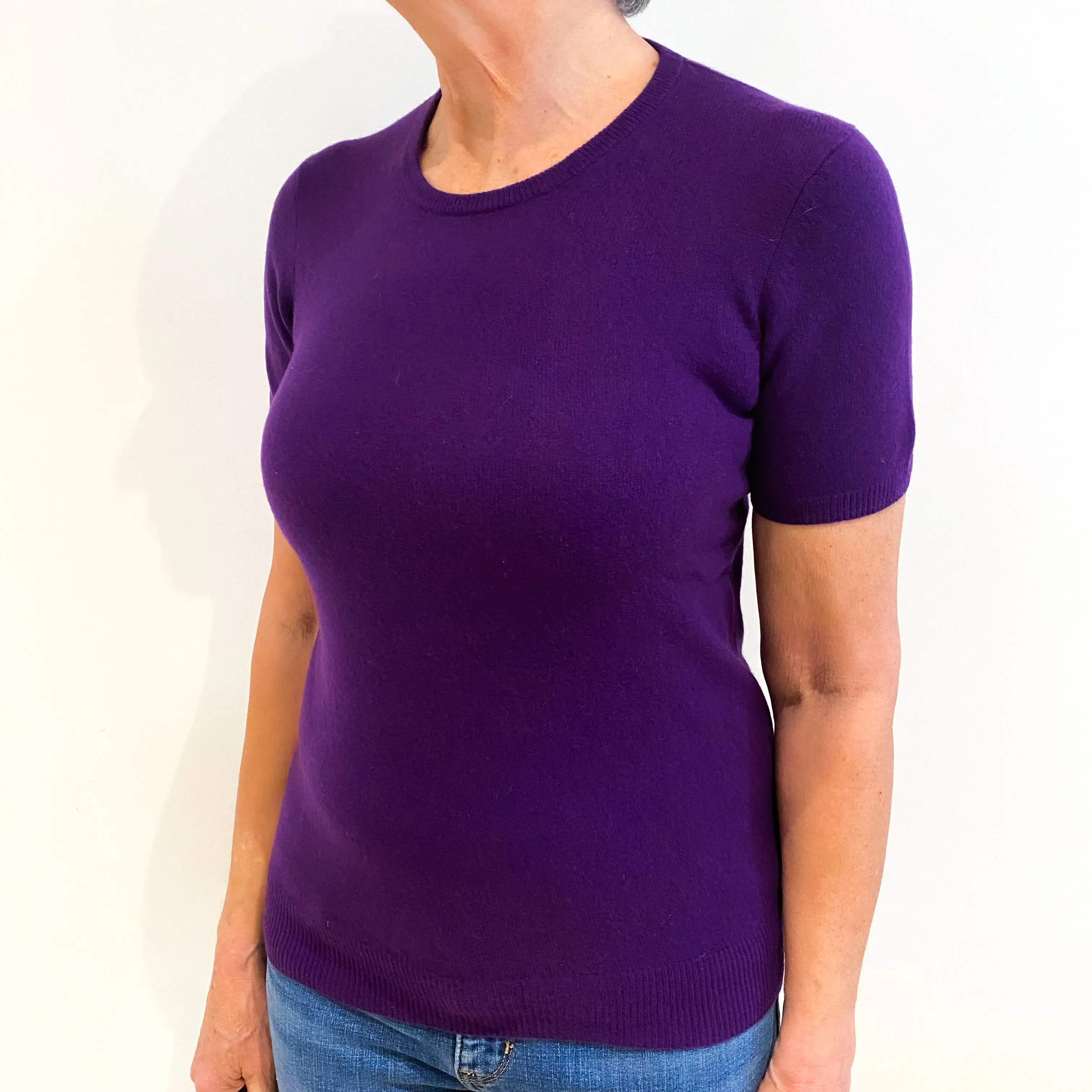 Deep Violet Purple Cashmere Short Sleeve Crew Neck Jumper Medium