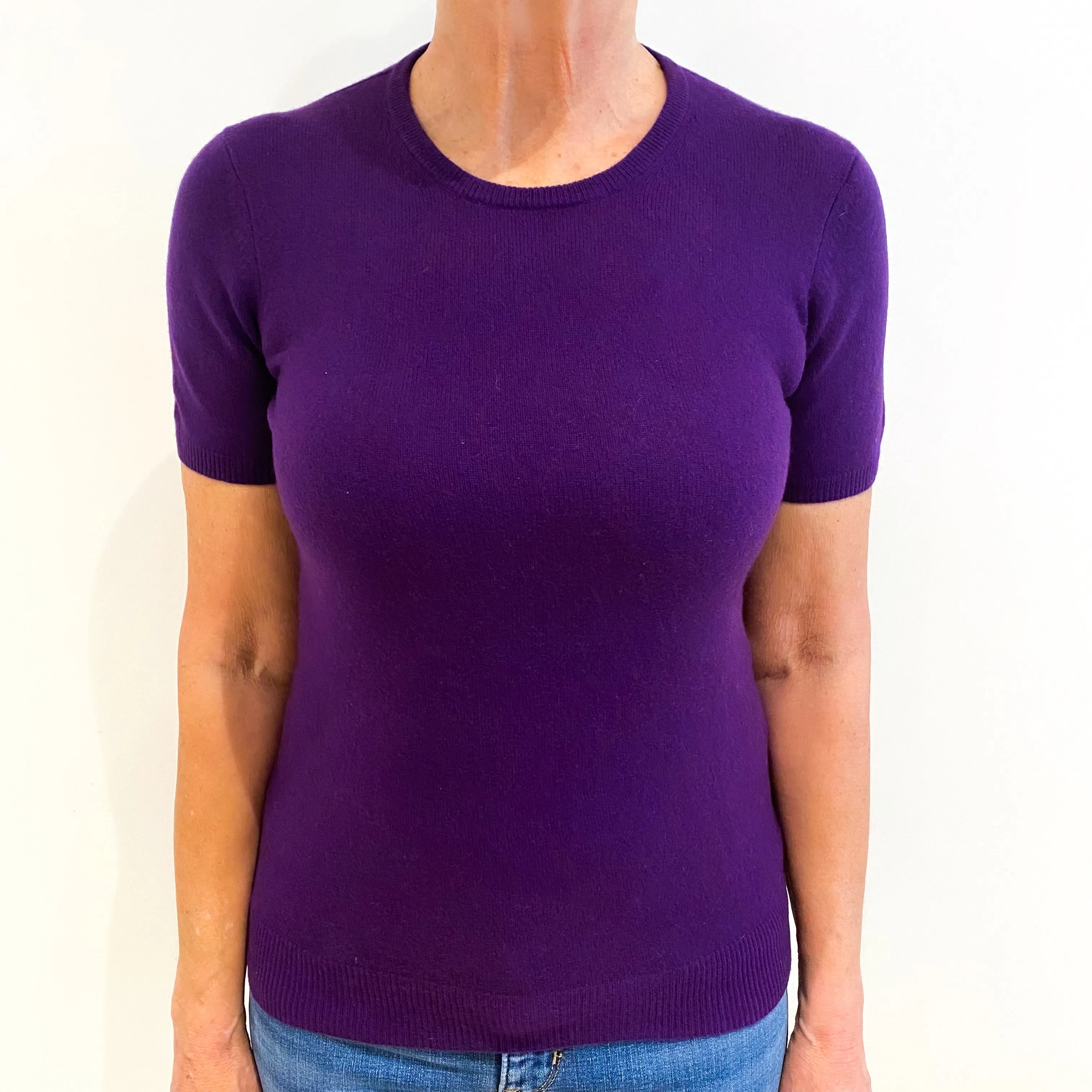 Deep Violet Purple Cashmere Short Sleeve Crew Neck Jumper Medium