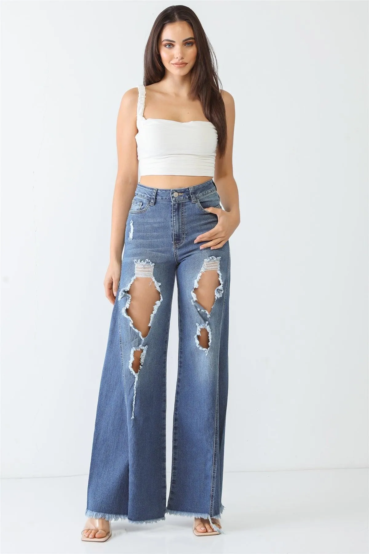 Denim Cotton Cut-Out Five Pocket High Waist Flare Jeans