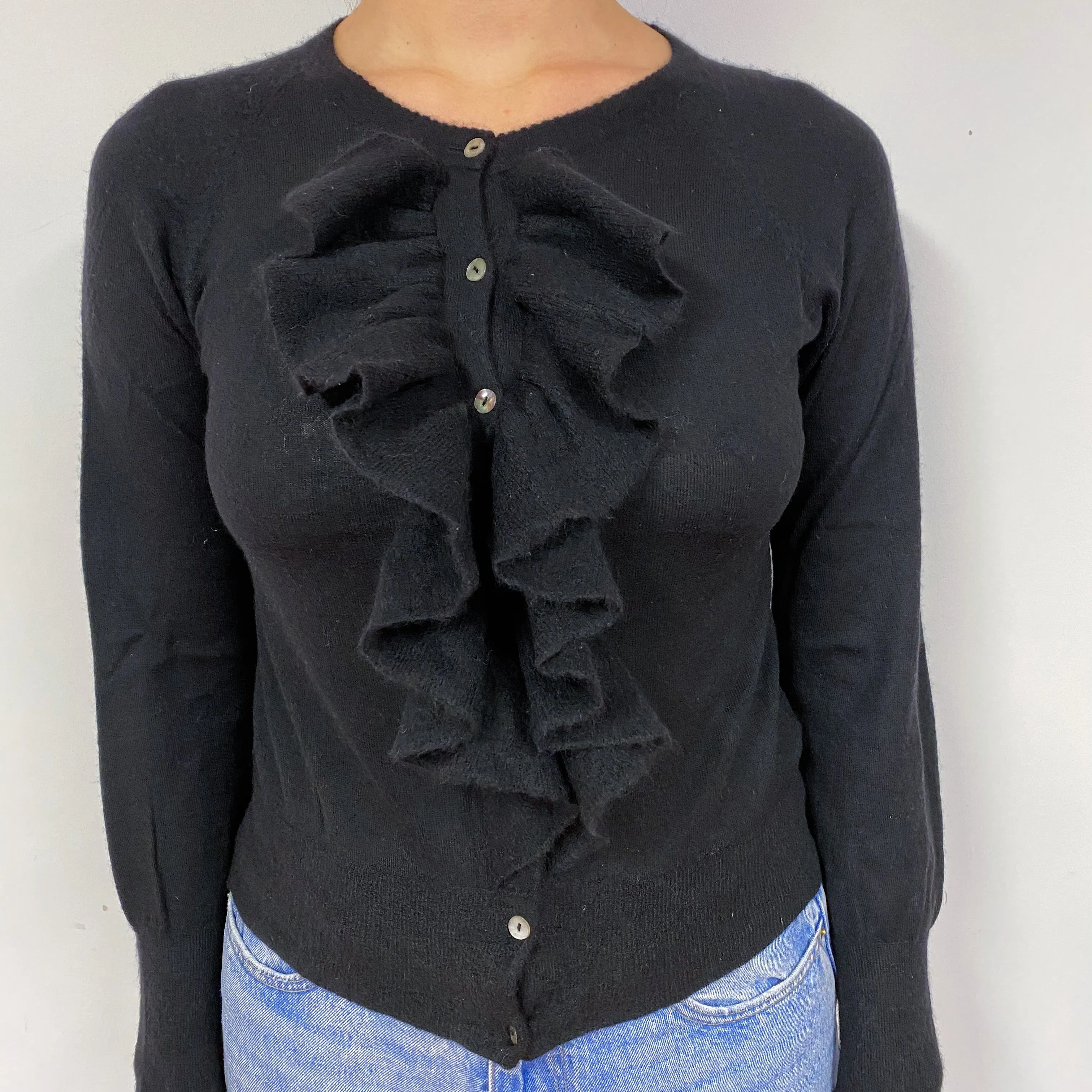 Designer Black Ruffle Fine Knit Cashmere Cardigan Small