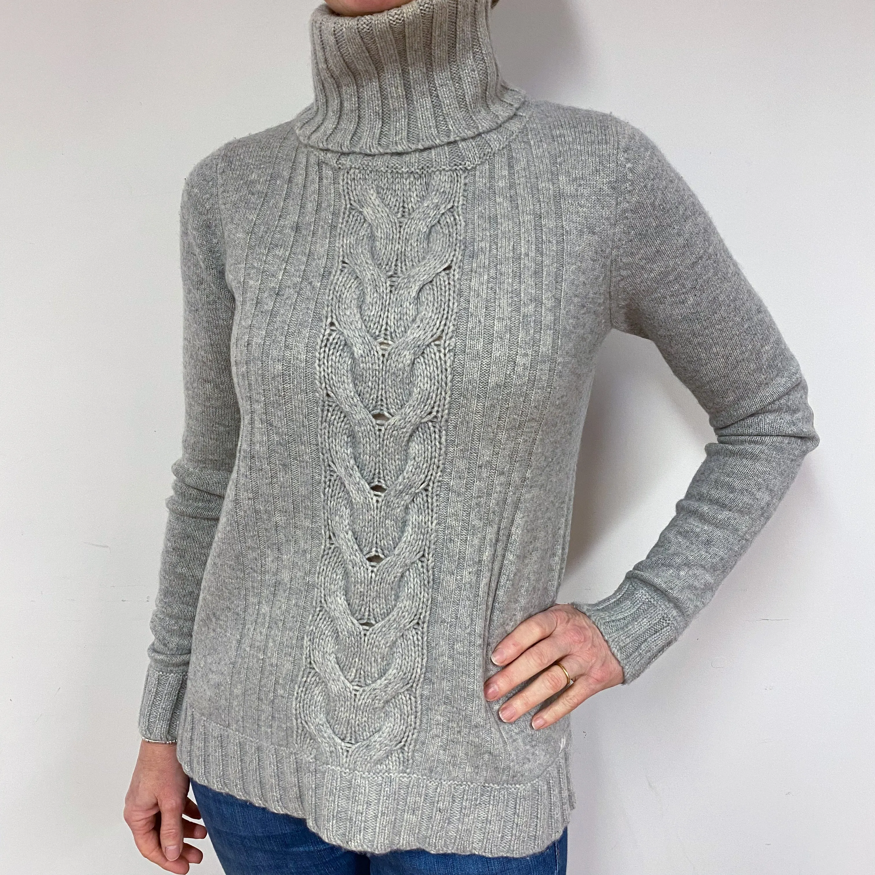 Designer Chunky Grey Cashmere Polo Neck Jumper Medium