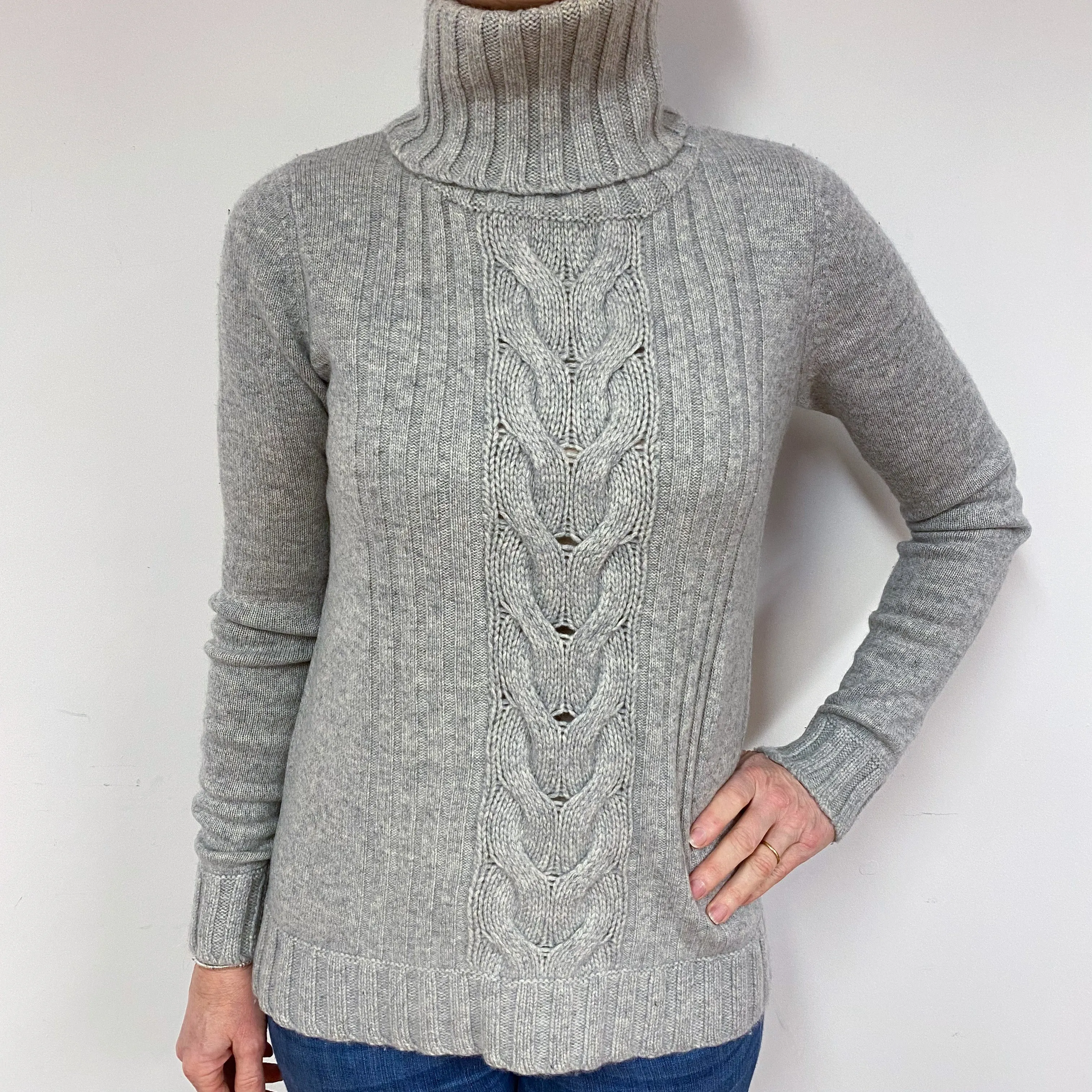 Designer Chunky Grey Cashmere Polo Neck Jumper Medium