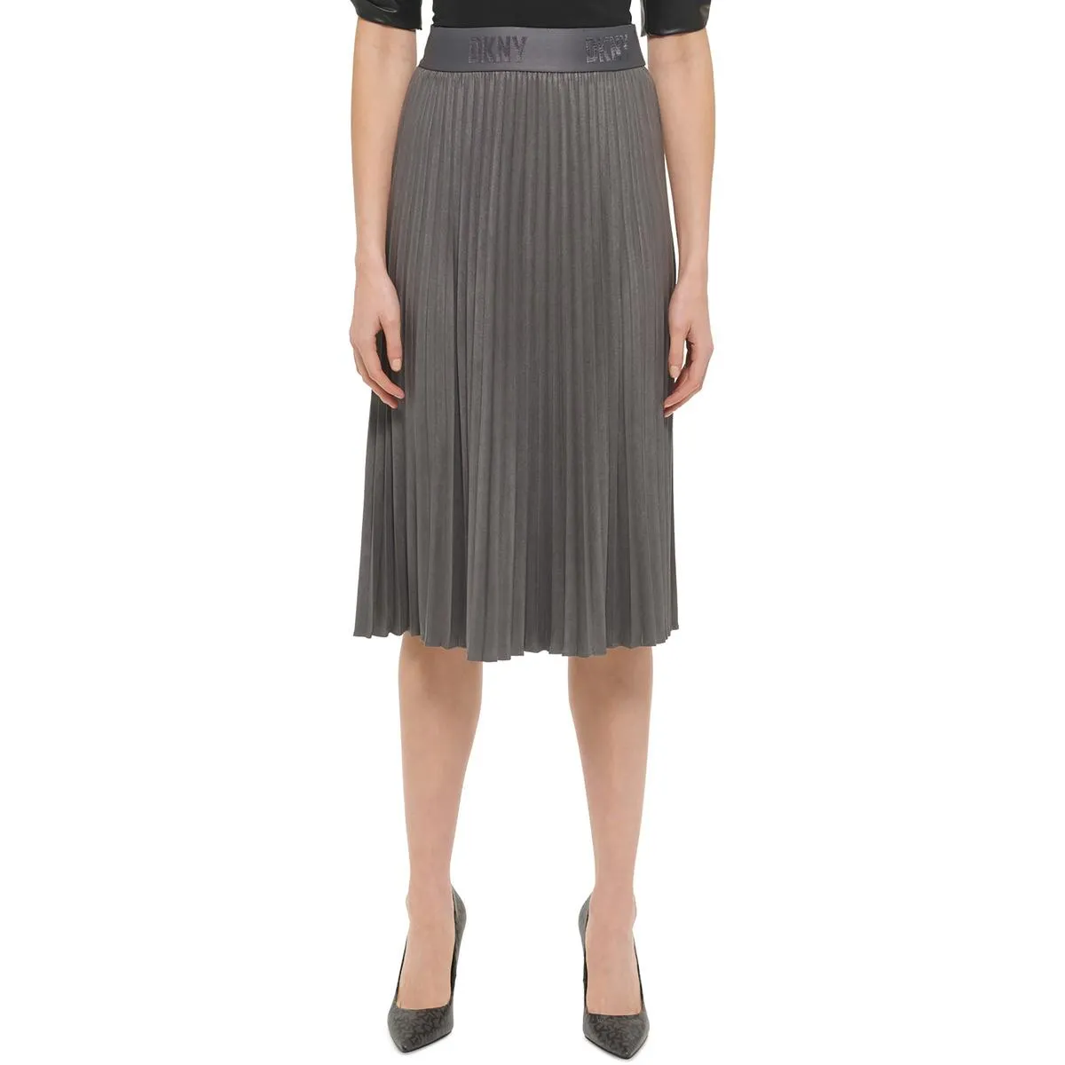 DKNY Womens Faux Suede Midi Pleated Skirt