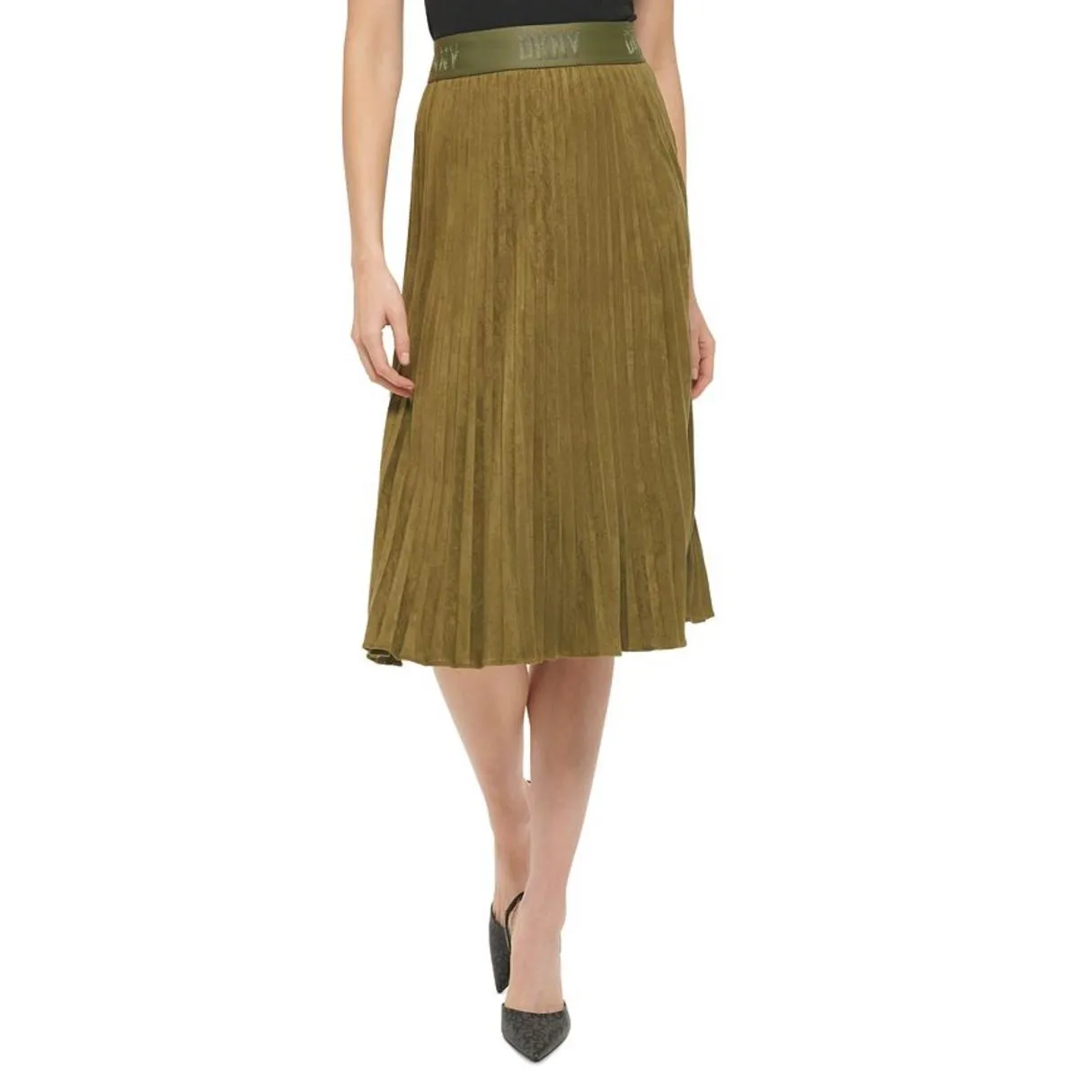 DKNY Womens Faux Suede Midi Pleated Skirt