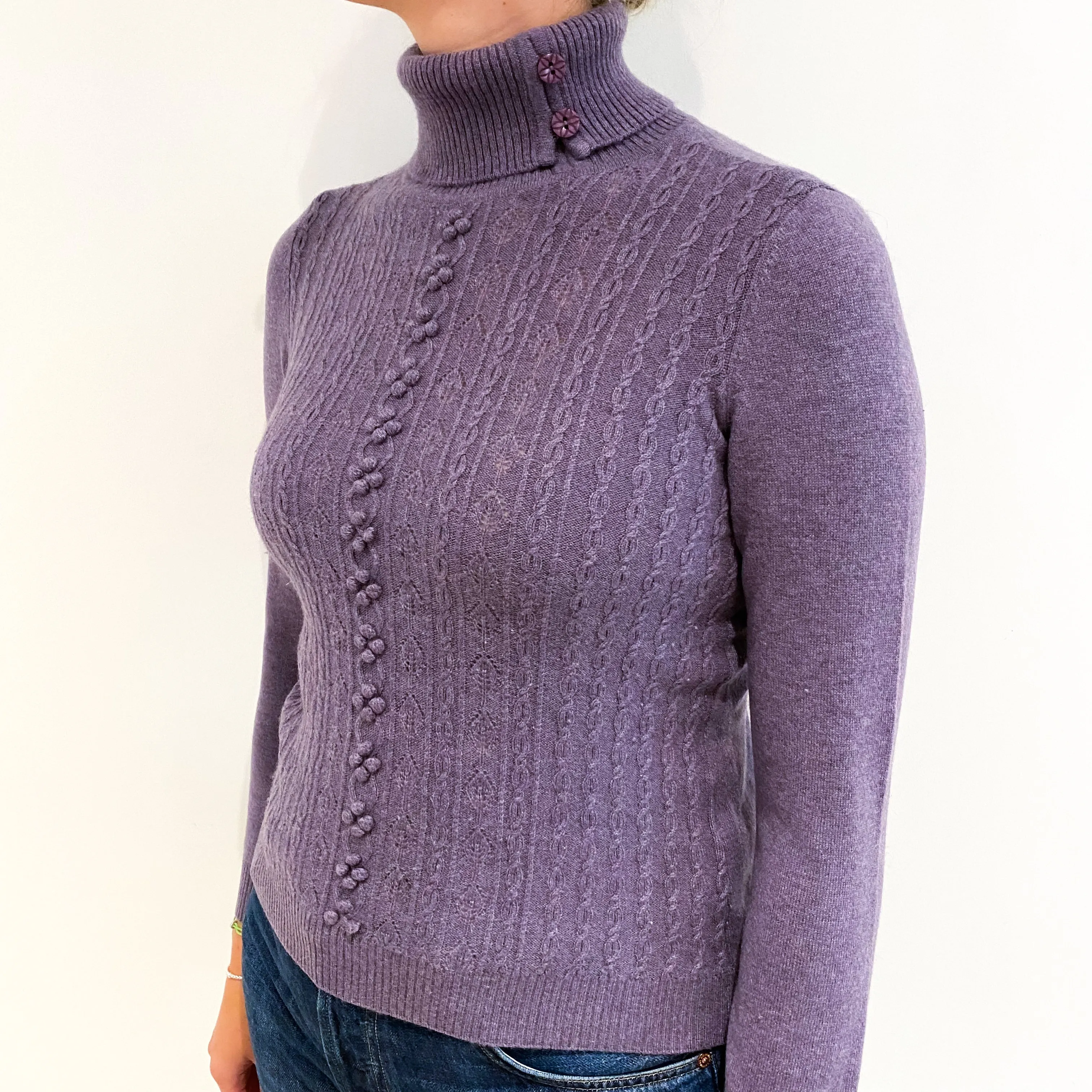 Dusky Purple Fancy Knit Cashmere Polo Neck Jumper Small