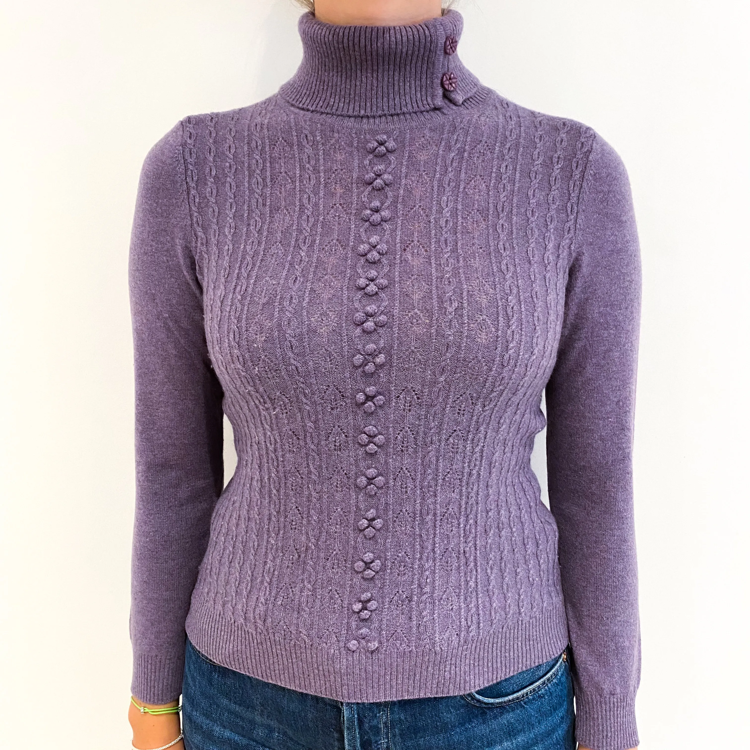 Dusky Purple Fancy Knit Cashmere Polo Neck Jumper Small