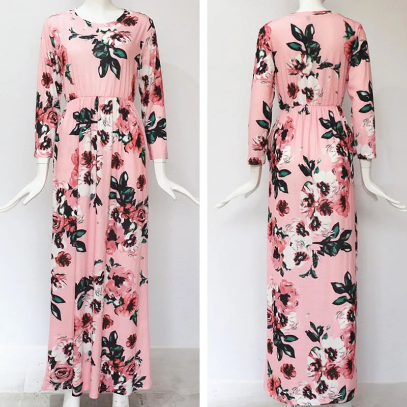 Elegant Trendy Ladies' Floral Print Long Dress With Pocket For Summer Beach