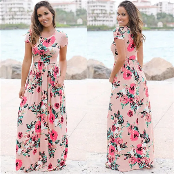 Elegant Trendy Ladies' Floral Print Long Dress With Pocket For Summer Beach