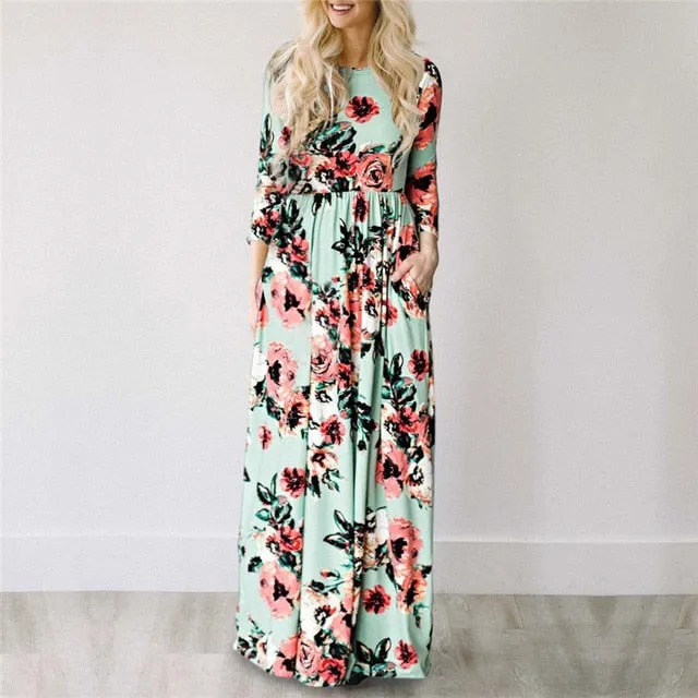 Elegant Trendy Ladies' Floral Print Long Dress With Pocket For Summer Beach