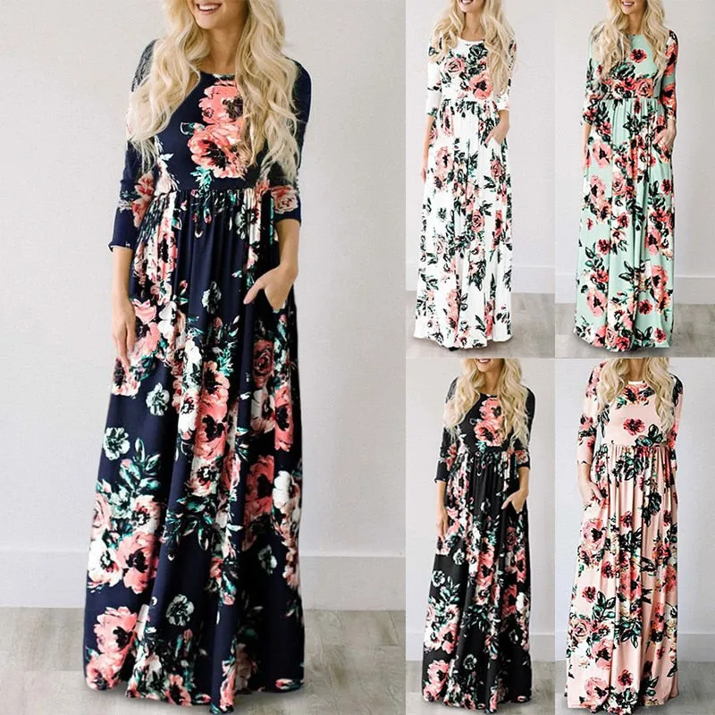 Elegant Trendy Ladies' Floral Print Long Dress With Pocket For Summer Beach