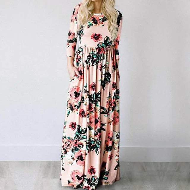 Elegant Trendy Ladies' Floral Print Long Dress With Pocket For Summer Beach