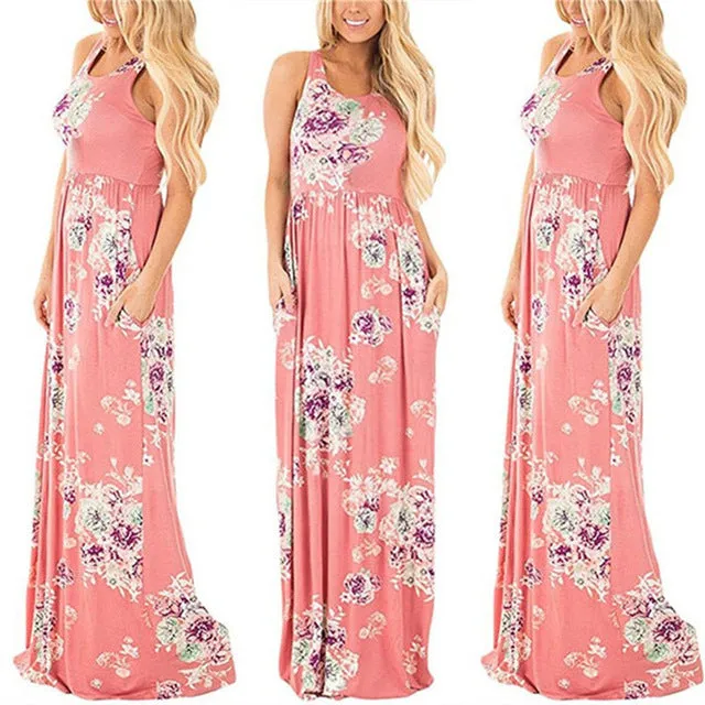 Elegant Trendy Ladies' Floral Print Long Dress With Pocket For Summer Beach