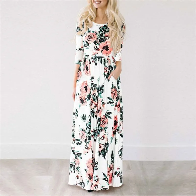 Elegant Trendy Ladies' Floral Print Long Dress With Pocket For Summer Beach