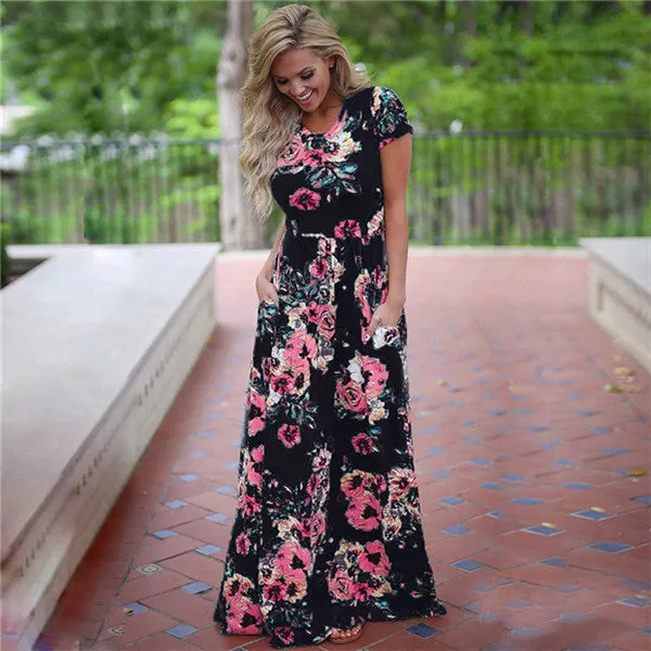 Elegant Trendy Ladies' Floral Print Long Dress With Pocket For Summer Beach