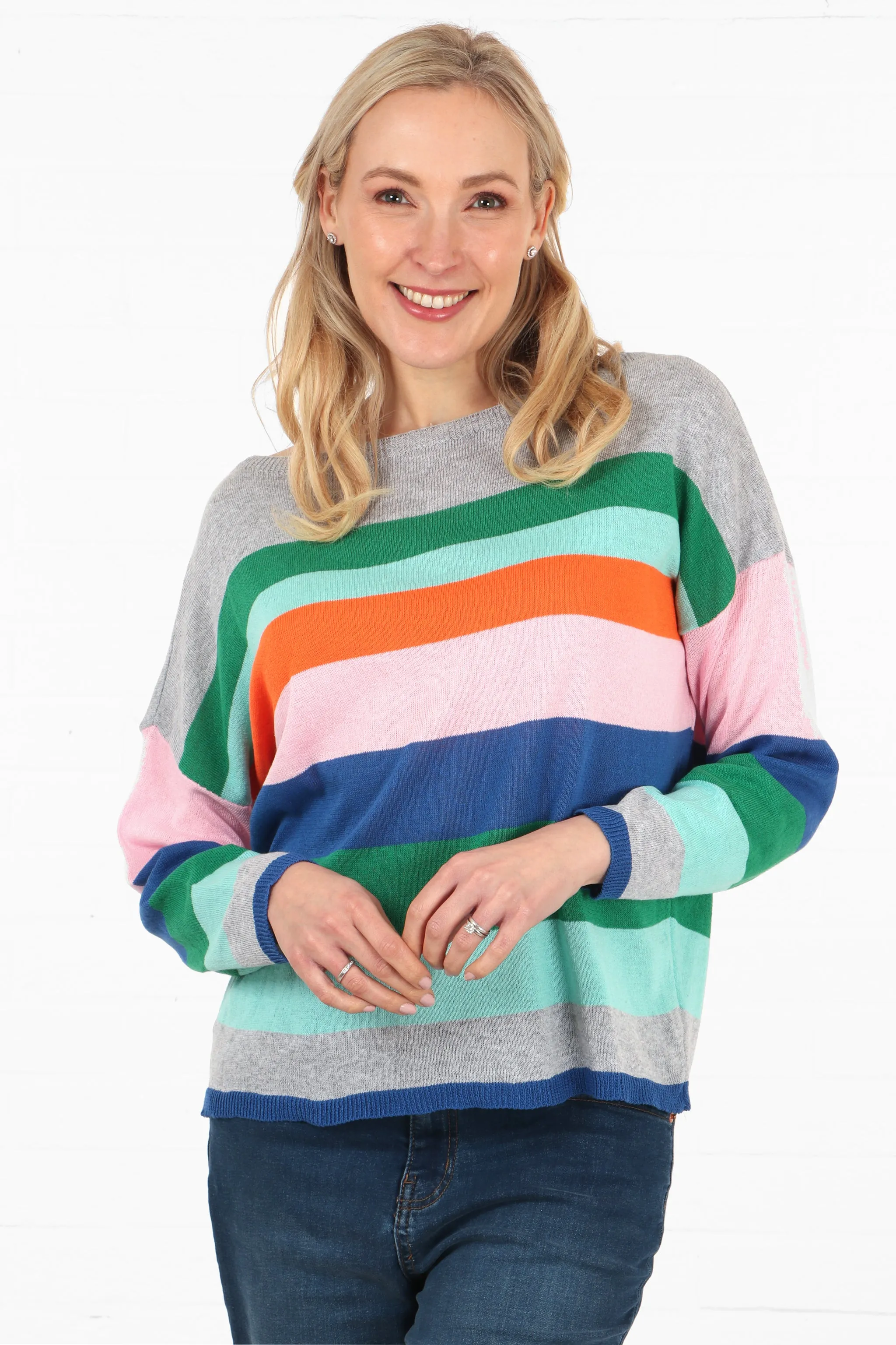 Eva Lightweight Jumper - Light Grey/Rainbow, Striped