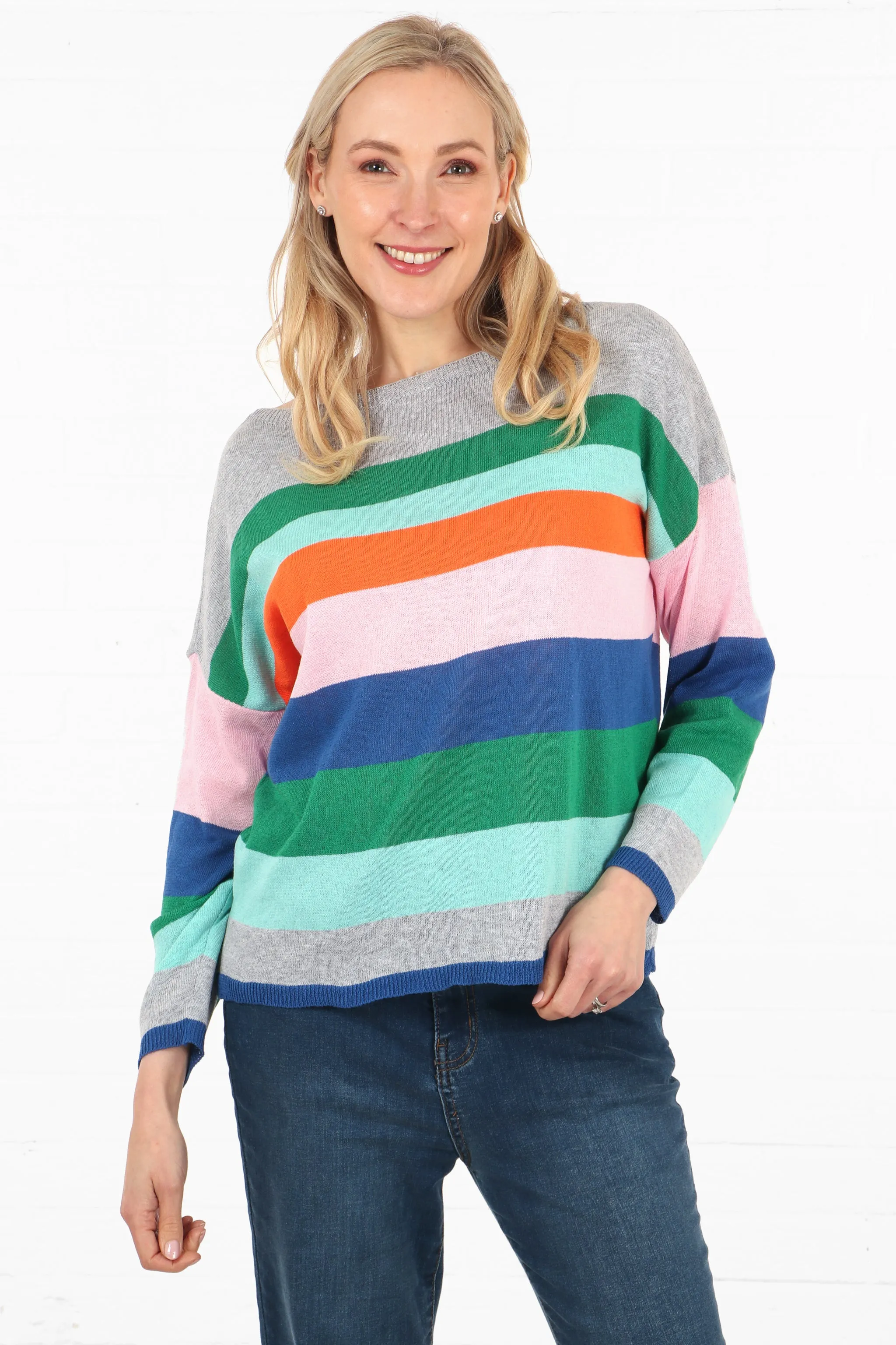 Eva Lightweight Jumper - Light Grey/Rainbow, Striped