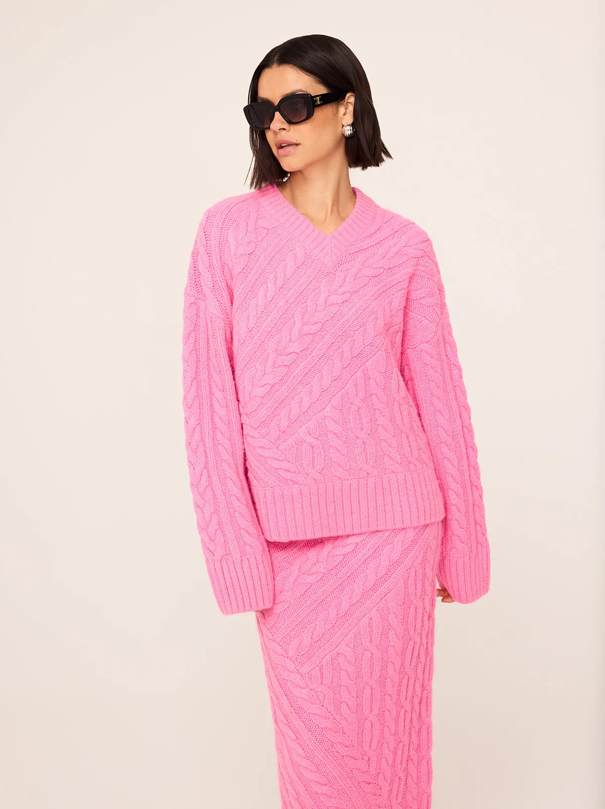 Everly Pink Cable Knit V-Neck Jumper