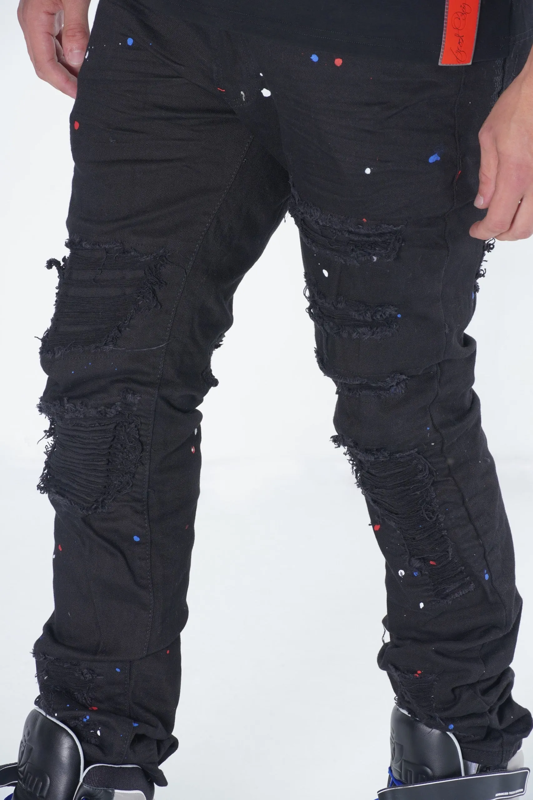 F1778  Frost Shredded Jeans w/ paint - Black