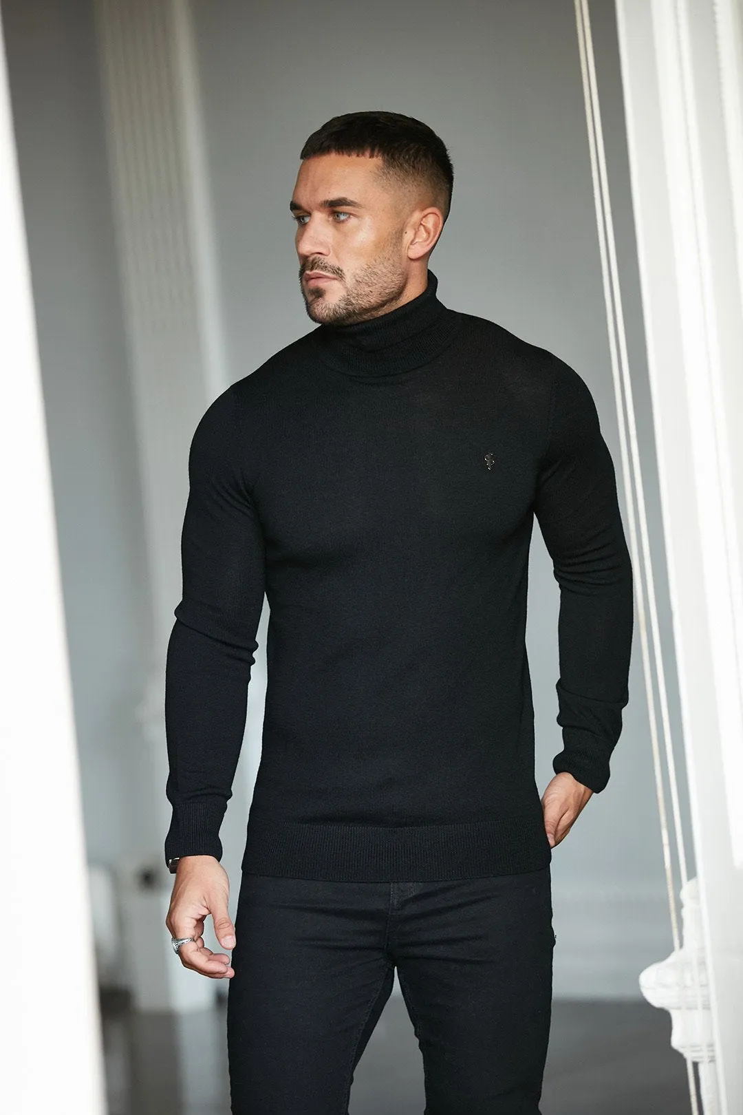 Father Sons Classic Black Roll Neck Merino Wool Knitted Jumper (Metal Emblem) - FSN001