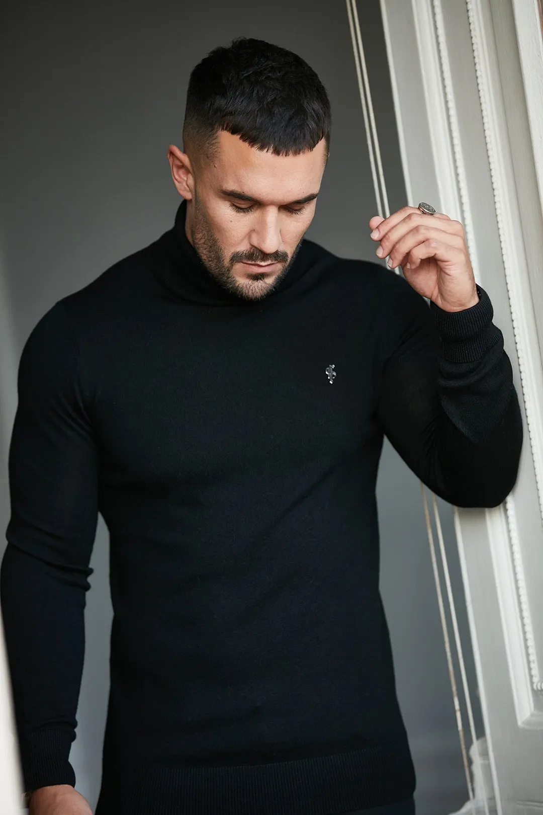 Father Sons Classic Black Roll Neck Merino Wool Knitted Jumper (Metal Emblem) - FSN001