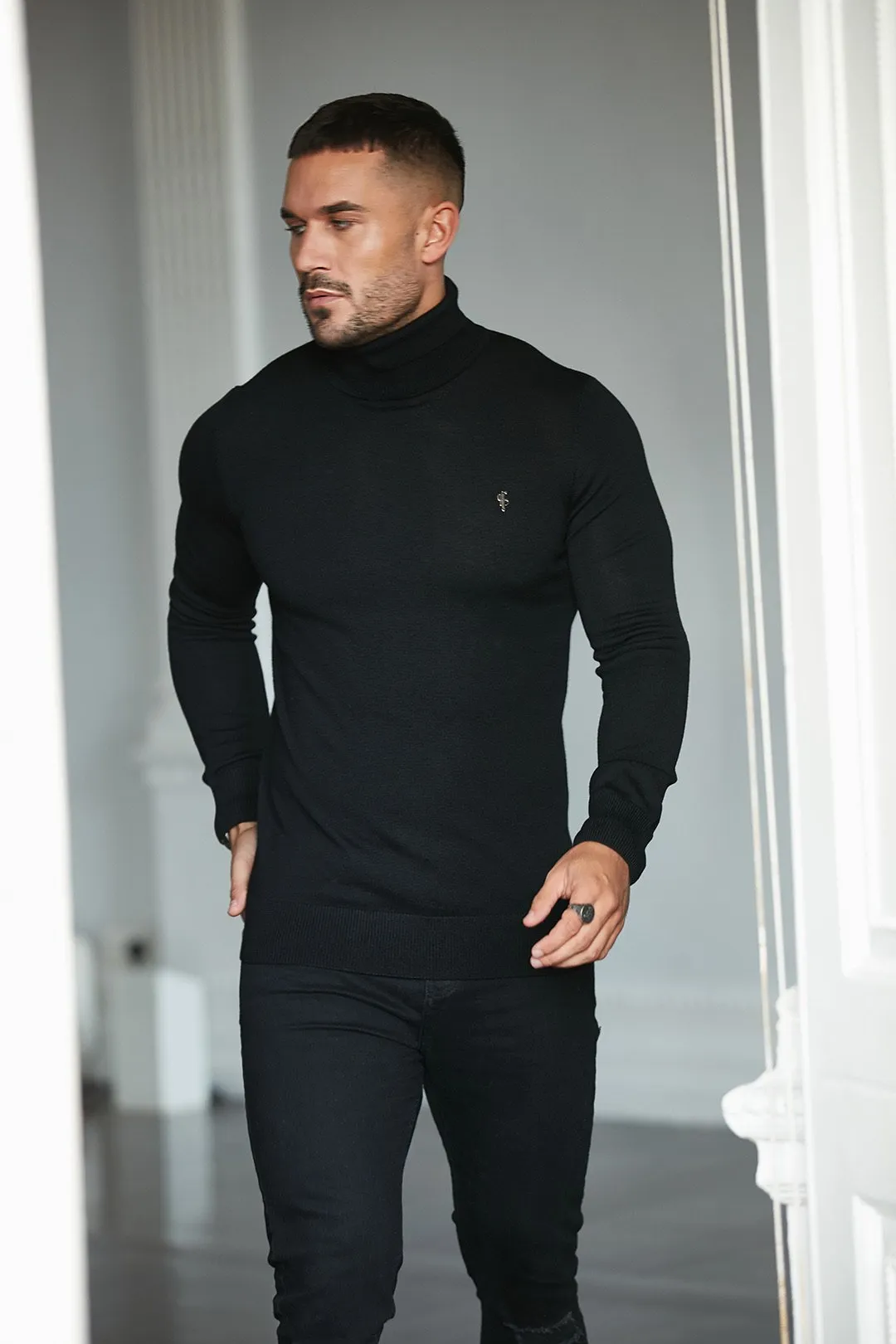 Father Sons Classic Black Roll Neck Merino Wool Knitted Jumper (Metal Emblem) - FSN001