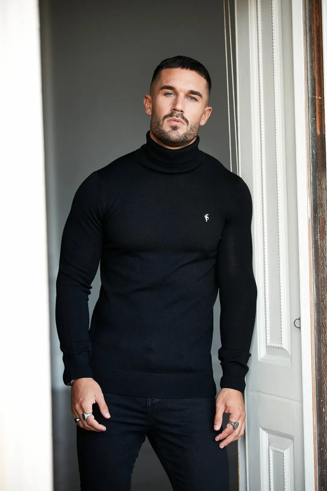 Father Sons Classic Black Roll Neck Merino Wool Knitted Jumper (Metal Emblem) - FSN001