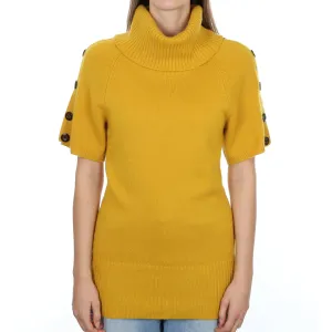 Flaxen Yellow Cashmere Short Sleeved Polo Neck Jumper Small