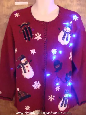 Floating Snowmen with Sled Cute Christmas Sweater with Lights