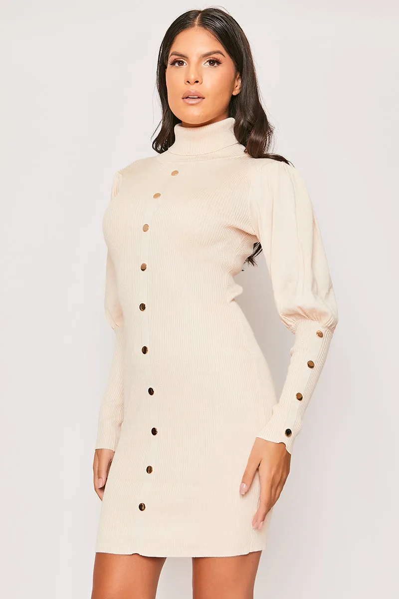 Florentine - Nude Gold Button Roll Neck Jumper Dress