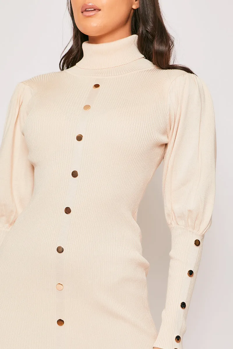 Florentine - Nude Gold Button Roll Neck Jumper Dress