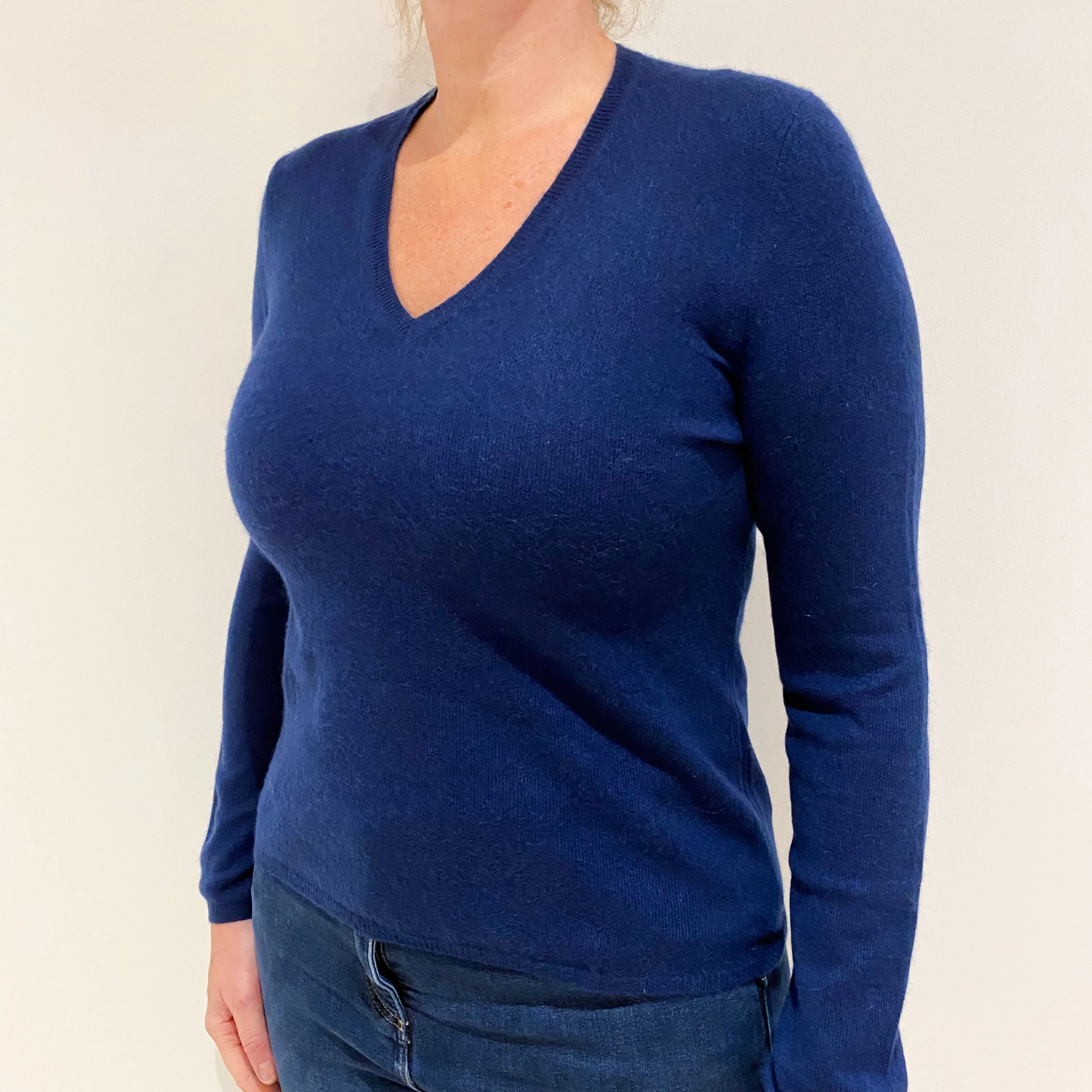 French Navy Blue Cashmere V-Neck Jumper Large