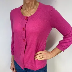 Fuchsia Pink 3/4 Sleeve Cashmere Crew Neck Cardigan Medium