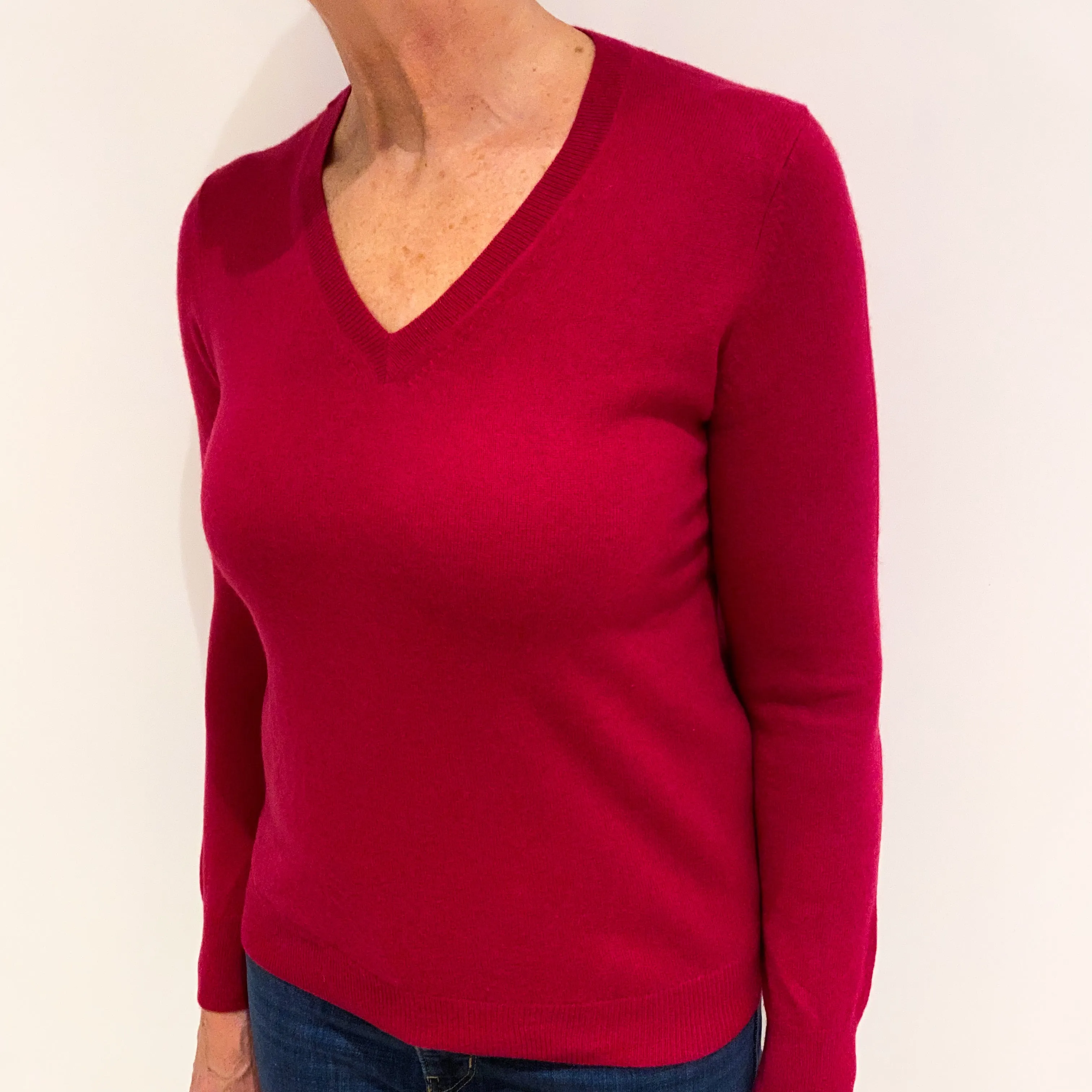 Fuchsia Red Cashmere V Neck Jumper Medium