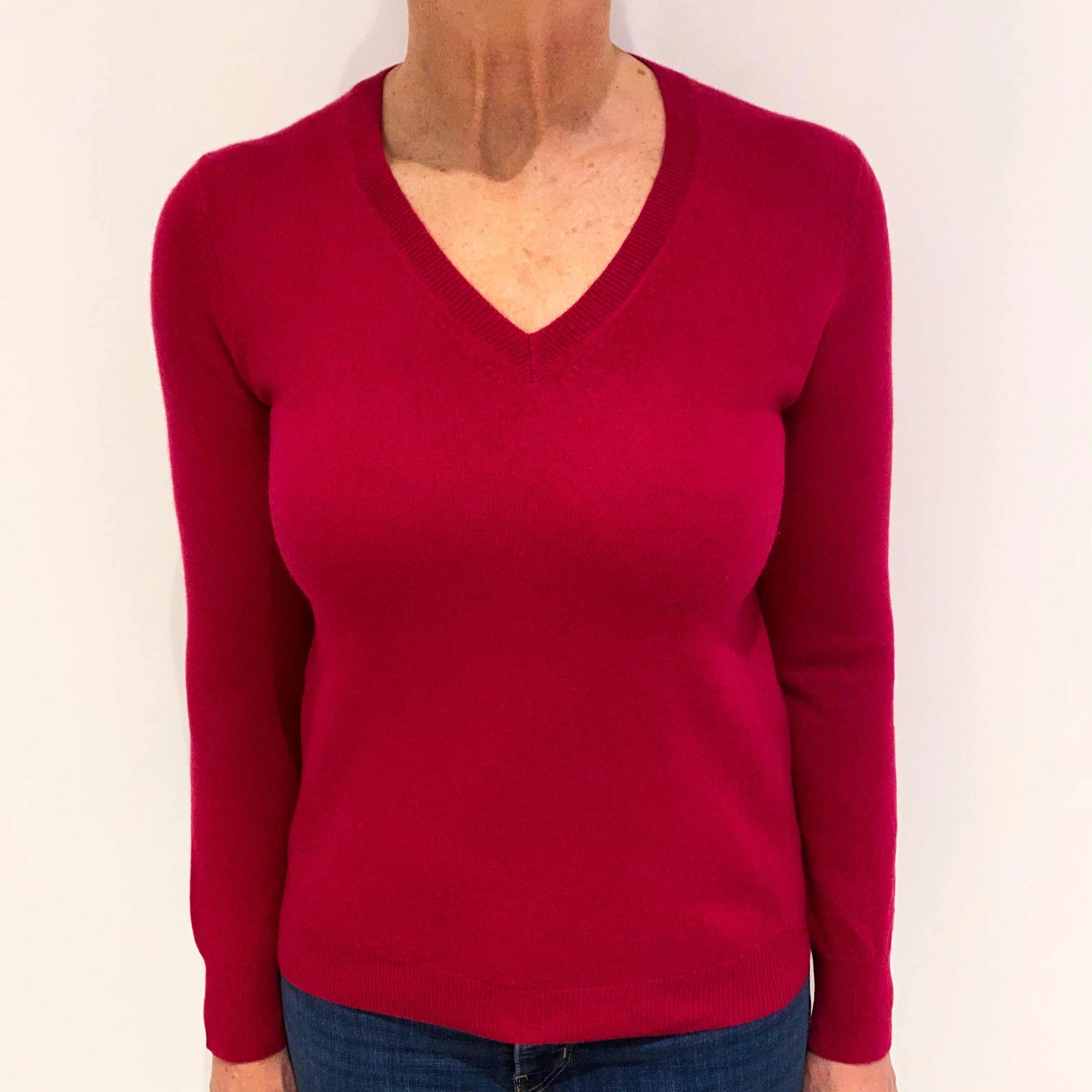 Fuchsia Red Cashmere V Neck Jumper Medium