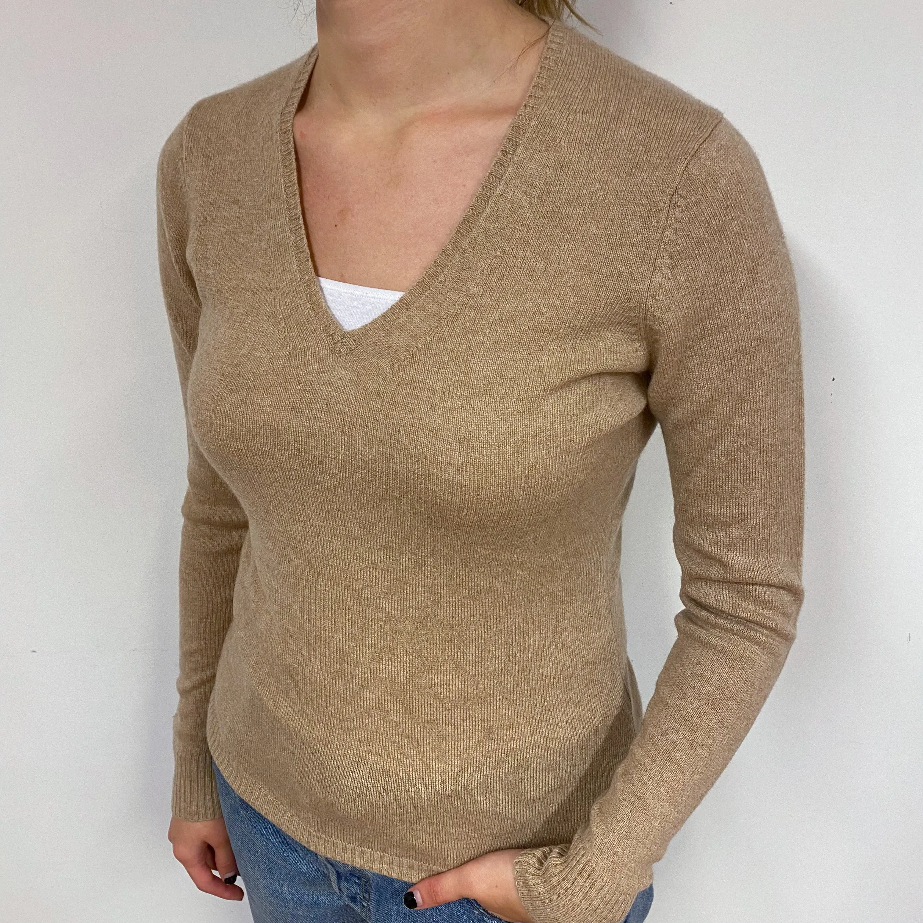 Fudge Brown Cashmere V-Neck Jumper Small