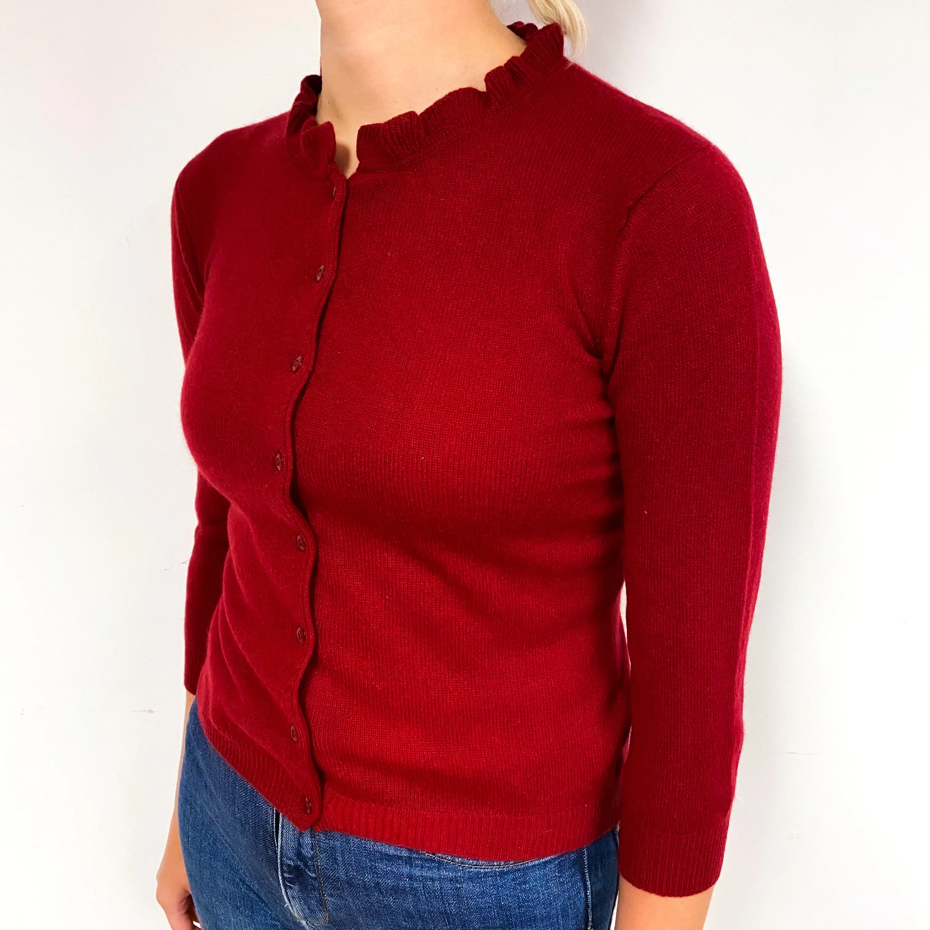 Garnet Red Cashmere Frill Crew Neck Cardigan Small