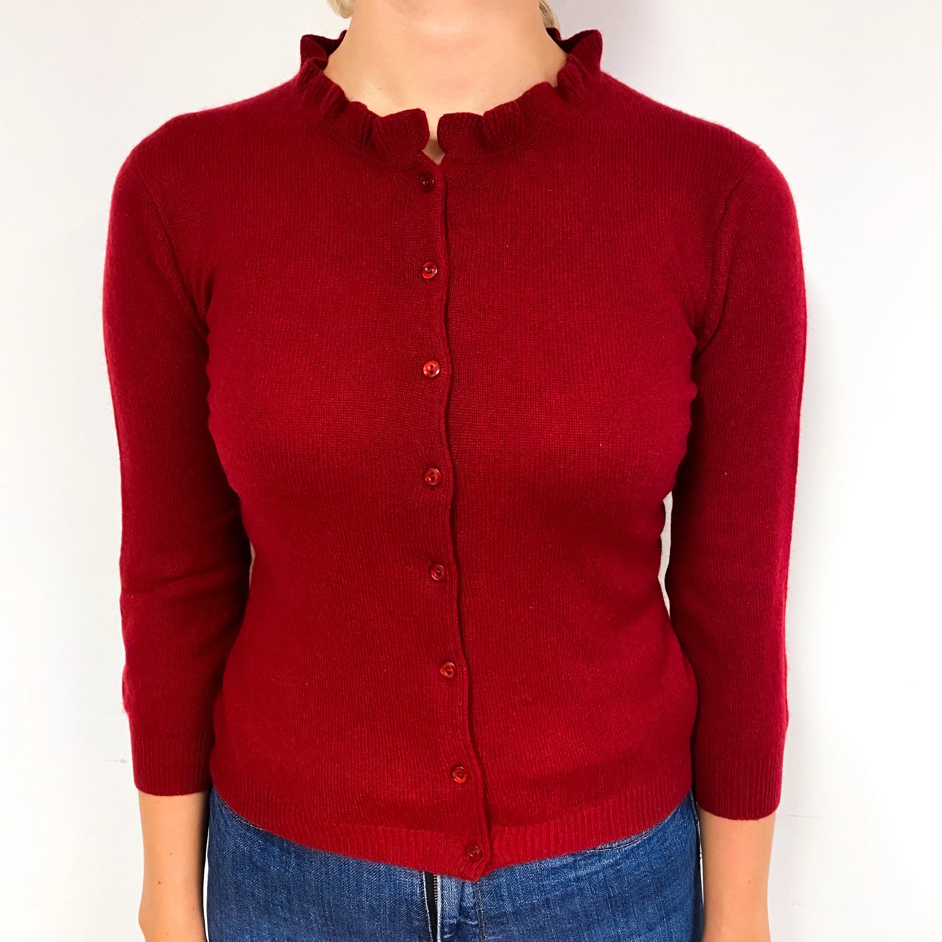 Garnet Red Cashmere Frill Crew Neck Cardigan Small