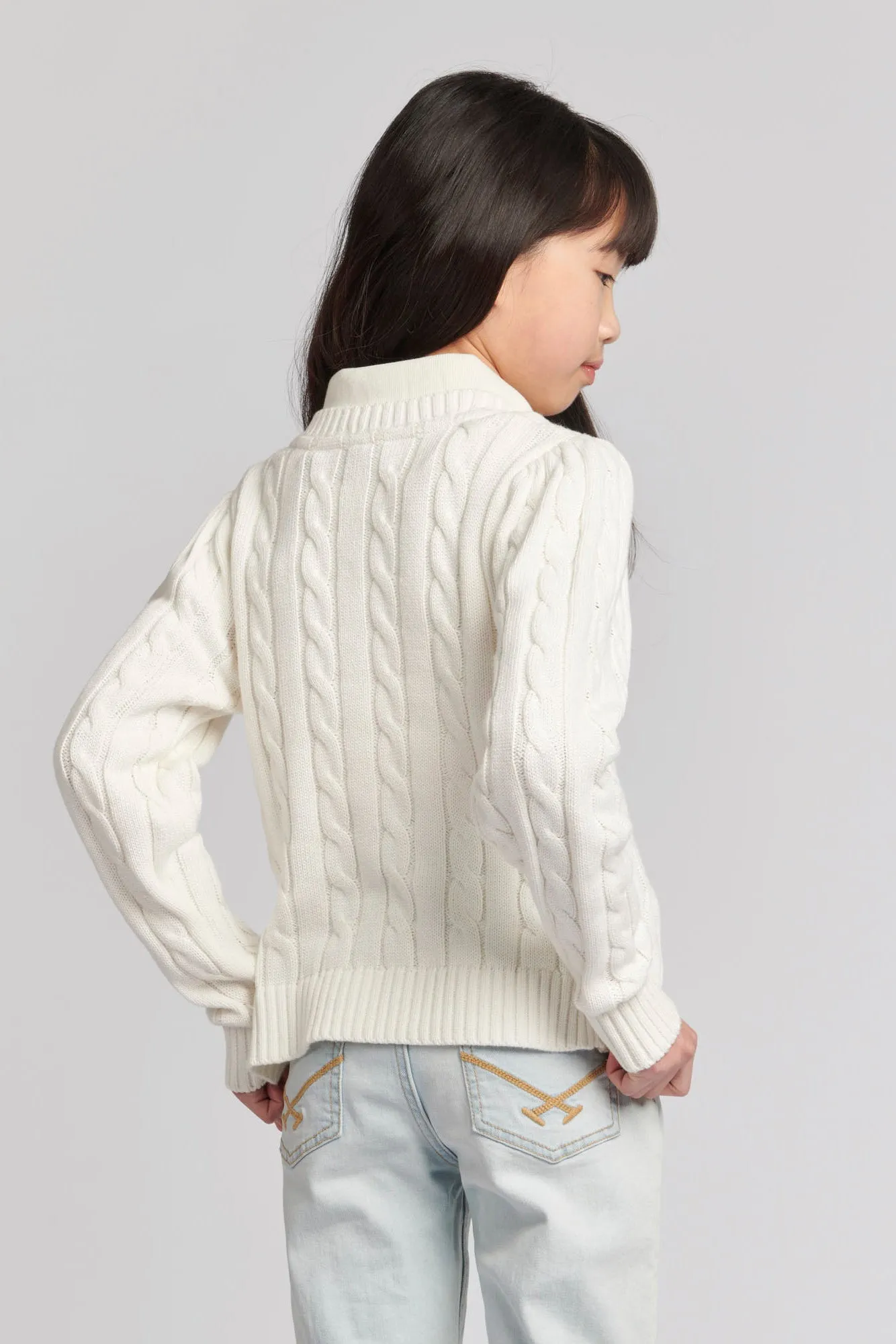 Girls Crew Neck Cable Knit Jumper in Marshmallow