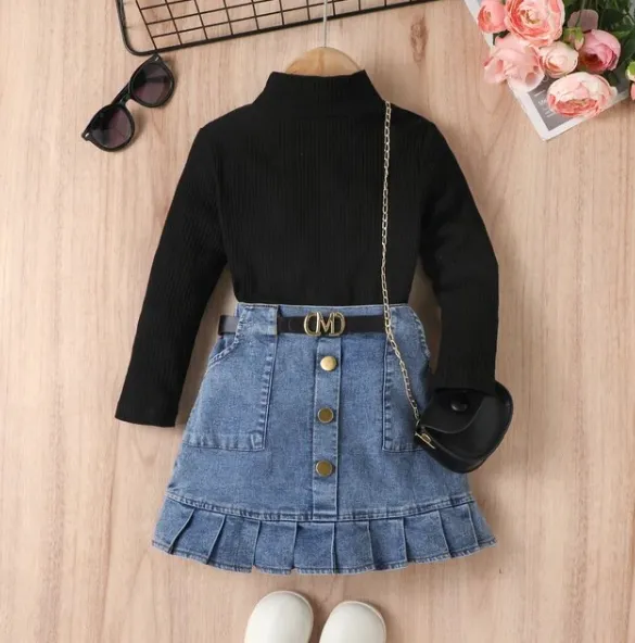 Girls Ribbed High Neck Long Sleeved Top With Denim Pleated Skirt And Belt