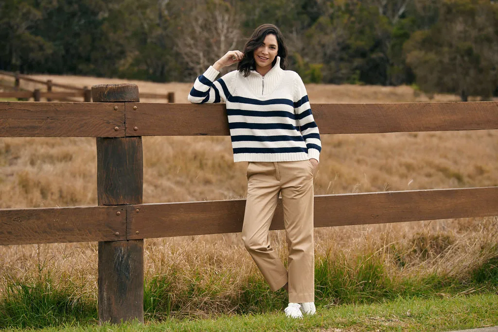 Goondiwindi Cotton - Stripe Zip Jumper Winter White/Navy | G8209