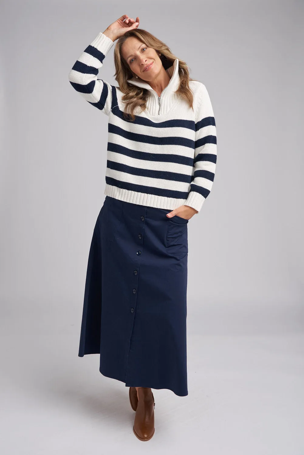 Goondiwindi Cotton - Stripe Zip Jumper Winter White/Navy | G8209