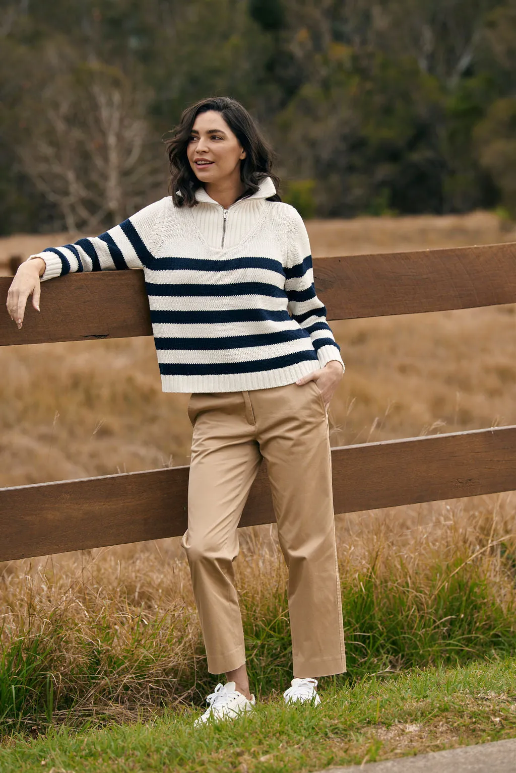 Goondiwindi Cotton - Stripe Zip Jumper Winter White/Navy | G8209